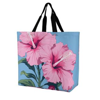 Generic Two Hibiscus Flowers Women Handbag Waterproof Shopping Bag Foldable Shopping Bags For Work Travel College