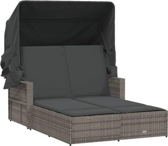 vidaXL Tumbona Doble Con Capota Y Cojines Rat&aacute;n Sint&eacute;tico Gris Vidaxl