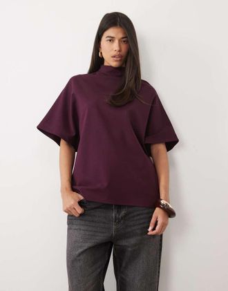 Pretty Lavish top stile kimono con collo alto bordeaux-Rosso