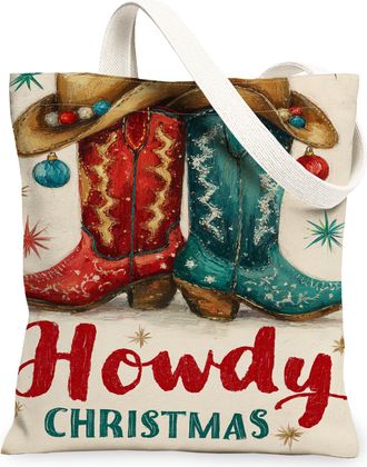 Generic Christmas Vintage Western Boots Canvas Tote Bags, Rustic Cowboy Design Lightweight Washable Shoulder Strap Reusable Grocery, Red and Blue, 13x15 Inch