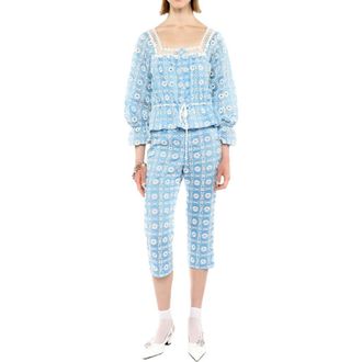 Anna Sui Lattice Lace Embroidery Capri Pants in Baby Blue at Nordstrom, Size 2