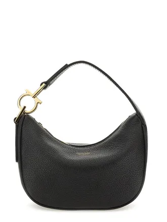 Ferragamo Crescent-Shaped Black Calf Leather Hobo Bag with Gold-Tone Clasp