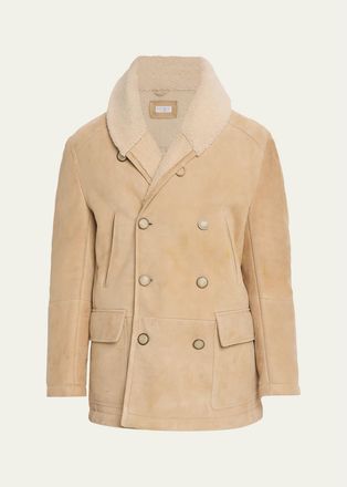 Brunello Cucinelli Mens Shearling Double-Breasted Shearling Aviator Coat