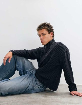 Hollister maglione in maglia a coste con mezza zip, nero slavato