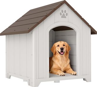 OEM Caseta Para Perros Exterior Casa Para Perros Grandes De Pl&aacute;stico Con 2 Ventanas Base Elevada Estacas Marr&oacute;n Oscuro