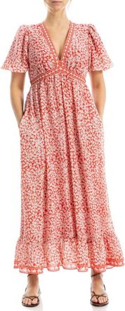 Max Studio Flutter Sleeve Empire Waist Maxi Dress in Red Daisy Sprinkle at Nordstrom Rack, Size X-Large