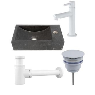 Saniclass Fuente fonteinset - 40x22 - 1 kraangat - rechts - natuursteen - fonteinkraan wit mat - donker