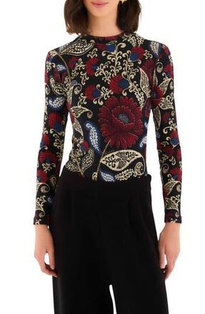 Farm Rio Valentina Floral Paisley Long Sleeve Stretch Cotton Bodysuit in Valentina Black at Nordstrom Rack, Size X-Small