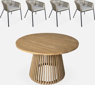 Sweeek Mesa De Comedor Redonda De Madera, Interior/exterior + 4 Sillones De Cuerda Y Acero