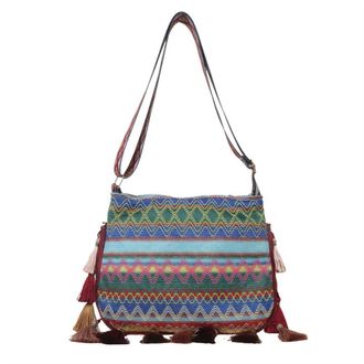 Generic Ethnic Style Crossbody Bags, Tassel Colorful Handbag, Large Capacity Bohemian Shoulder Bag, Portable Messenger Bag for Women Outdoor(Blue)
