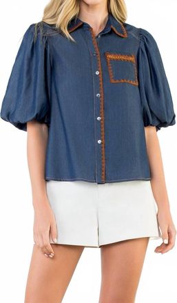 THML Clothing Puff Sleeve Denim Button Up Top In Blue