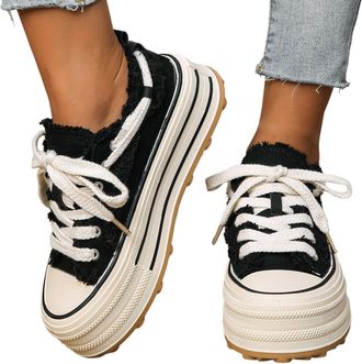 Generic Womens Casual Shoes with Thick Sole for Everyday Wear-Low Top Sneakers with Lace Up Design for All Seasons and Versatile Styling Ideal for Jeans (Blac