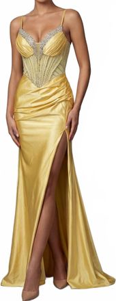 Jovani Beaded Corset Dress With Satin Skirt In Yellow