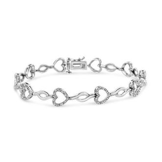 House of Brilliance Silver 1/4 Cttw Round-Cut Diamond Alternating Heart and Leaf Link Bracelet in White at Nordstrom