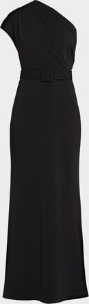 Badgley Mischka Belted One-Shoulder Column Gown
