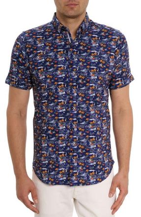 Robert Graham Lyndon Short Sleeve Knit Button-Up Shirt in Blue Multi at Nordstrom, Size Small