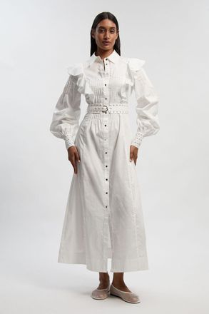 Karen Millen Womens Petite Cotton Sateen Drama Sleeve Studded Woven Maxi Shirt Dress - White - Size 10 UK
