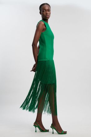 Karen Millen Womens Figure Form Bandage Tassel Hem Knitted Dress - Green - Size 10 UK