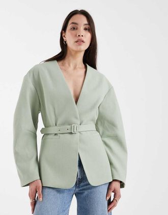 Asos Blazer sartoriale stretto in vita con cintura verde tenue testurizzato