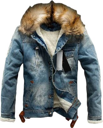 Generic Men Faux Fur Collar Denim Outerwear Sherpa Fleece Lined Distressed Denim Jacket Fall Winter Warm Comfy Jean Jacket
