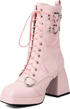 Generic Womens Lace Up Platform Mid-Calf Boots with Heart Buckles Square Toe Chunky Heel Booties,Pink,1.5 UK