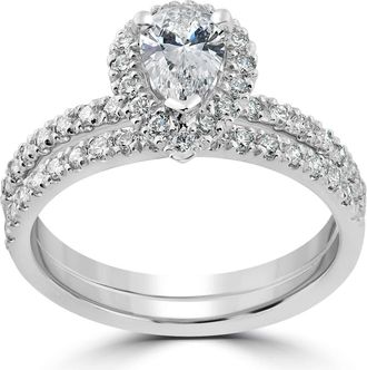 Pompeii3 1 1/10ct Pear Halo Diamond Engagement Wedding Ring Set 14k White Gold Lab Grown