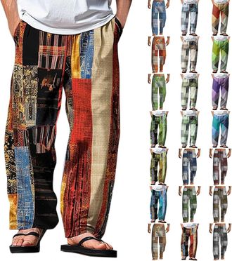 Generic Mens Patchwork Pants UK Cotton Linen Wide Legs Elastic Waisted Baggy Pritned Casual Spring Summer Trousers Trendy Lightweight Boho Going Out Beach Hol