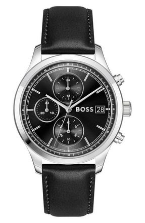 BOSS Stratus Chronograph Leather Strap Watch, 41mm in Black at Nordstrom