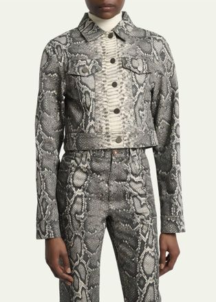 Gabriela Hearst Bronte Snakeskin-Print Crop Denim Jacket In Greyscale