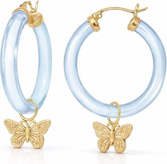 Gold & Honey Womens Butterfly Charm Lucite Hoop Earrings In Pastel Blue