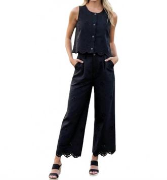 Entro Fleur Eyelet Embroidered Vest & Pant Set In Black