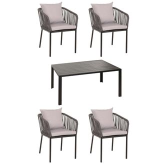 Hhg Set De Jard&iacute;n Hhg 616, Mesa+4xsillas, Aluminio Resistente A La Intemperie 140x80cm, Tejido De Cuerda Rope, Antracita Cojines Gris
