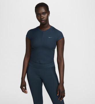 Nike Womens One Fitted Rib Dri-FIT Short-Sleeve Cropped Top in Blue | FV7874-478