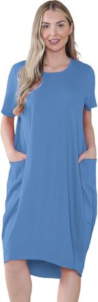 Janisramone Womens Short Sleeve Italian Lagenlook Midi Dress with Pockets, Plain Round Neck Baggy Lagenlook Tops, Trendy Loose Summer Dresses for Women UK Denim