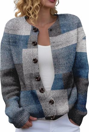 Generic Cardigans for Women Button Down Vintage Floral Print Jumpers Ladies Casual Warm Long Sleeve Soft Knitwear(Light Ashy, M)