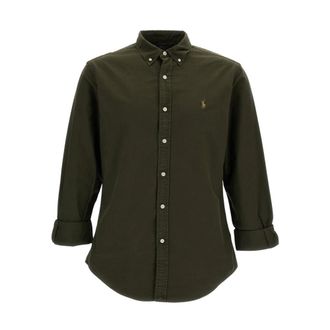 Polo Ralph Lauren Slim-Fit Button-Down Katoenen Piqu&eacute; Overhemd - Heren - Casual Overhemden - Groen - S - Katoen - Overhemden