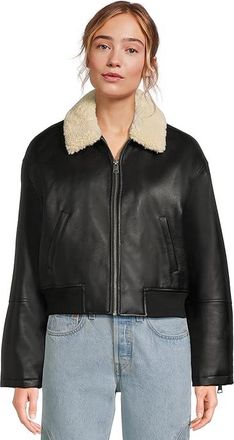 Levi's Faux Leather Bomber With Sherpa Collar Womens Jacket Black : MD, Leather/Polyurethane