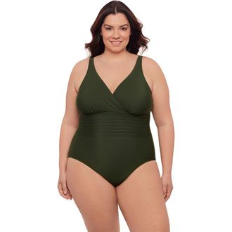 Aqua Green Plus Size V-Neck Surplice Trim Overlay Full Coverage One-Piece Swimsuit in Malachite at Nordstrom, Size 1X