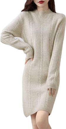 Generic Winter Womens 100 Percent Merino Wool Dress Solid Color O Neck Sweater Dress Long Sleeve Warm Knitted Jumpers
