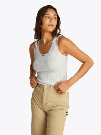 Tommy Jeans Tanktop TOMMY JEANS TJW SLIM POINTELLE TANK TOP, Damen, Gr. XL (42), beige (ecru), Single Jersey, Obermaterial: 100% Baumwolle, unifarben, figurbetont