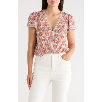 Max Studio Floral Flutter Sleeve Bubble Hem Top in Cream/Sunset Magnolia at Nordstrom Rack, Size X-Large