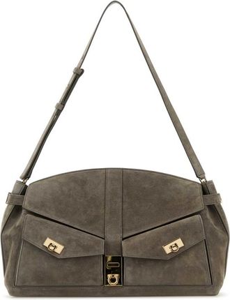 Ferragamo Grey Suede Shoulder Bag