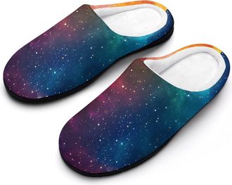 Generic Rainbow Glitter Galaxy Mens Slippers Slip On Comfortable Fleece Cotton House Shoes Winter