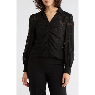 Adrianna Papell Ruched Burnout Button-Up Shirt in Black at Nordstrom Rack, Size X-Small