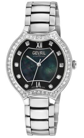Gevril Group WoMens Lugano Swiss Diamond Black MOP Dial 316L Stainless Steel Bracelet Watch - Silver - One Size