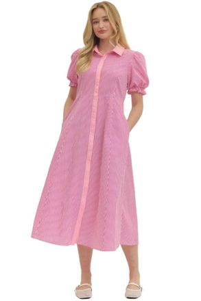 Entro Stripe Print Short Puff Sleeve Midi Dress In Blush