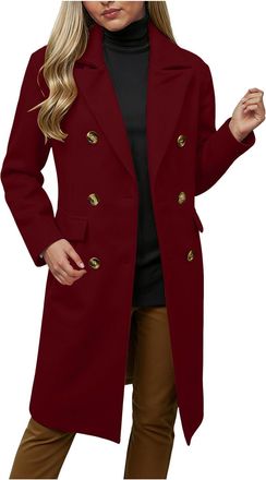 Generic Womens Coats Winter Double Breasted Wool Blend Jacket Causal Lapel Collar Button Jacket Ladies Long Sleeve Tops Length Overcoat Warm Outerwear Coat Th