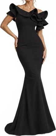 Jovani One Shoulder Ruffle Gown In Black