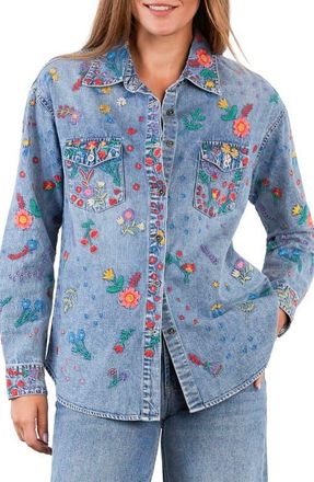 BILLY T Embroidered Floral Garden Denim Shirt Jacket at Nordstrom, Size X-Small