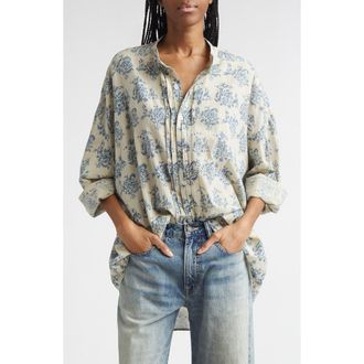 R13 Pleated Front Floral Button-Up Shirt in Blue With White Floral at Nordstrom, Size X-Small